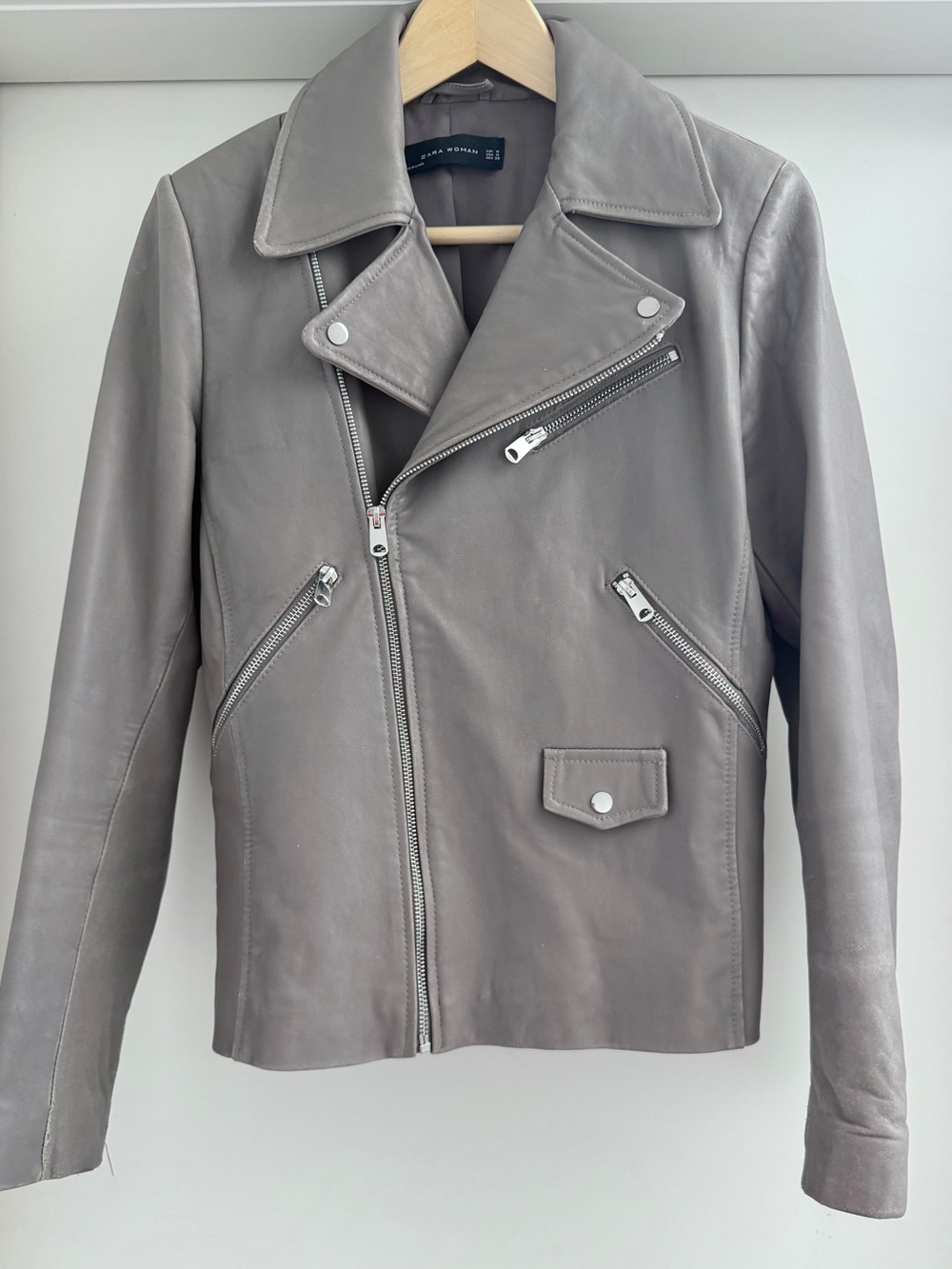 Zara Gray Leather Asymmetrical Biker Jacket